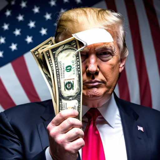 Prompt: Donald Trump holding a dollar and the American flag in the background