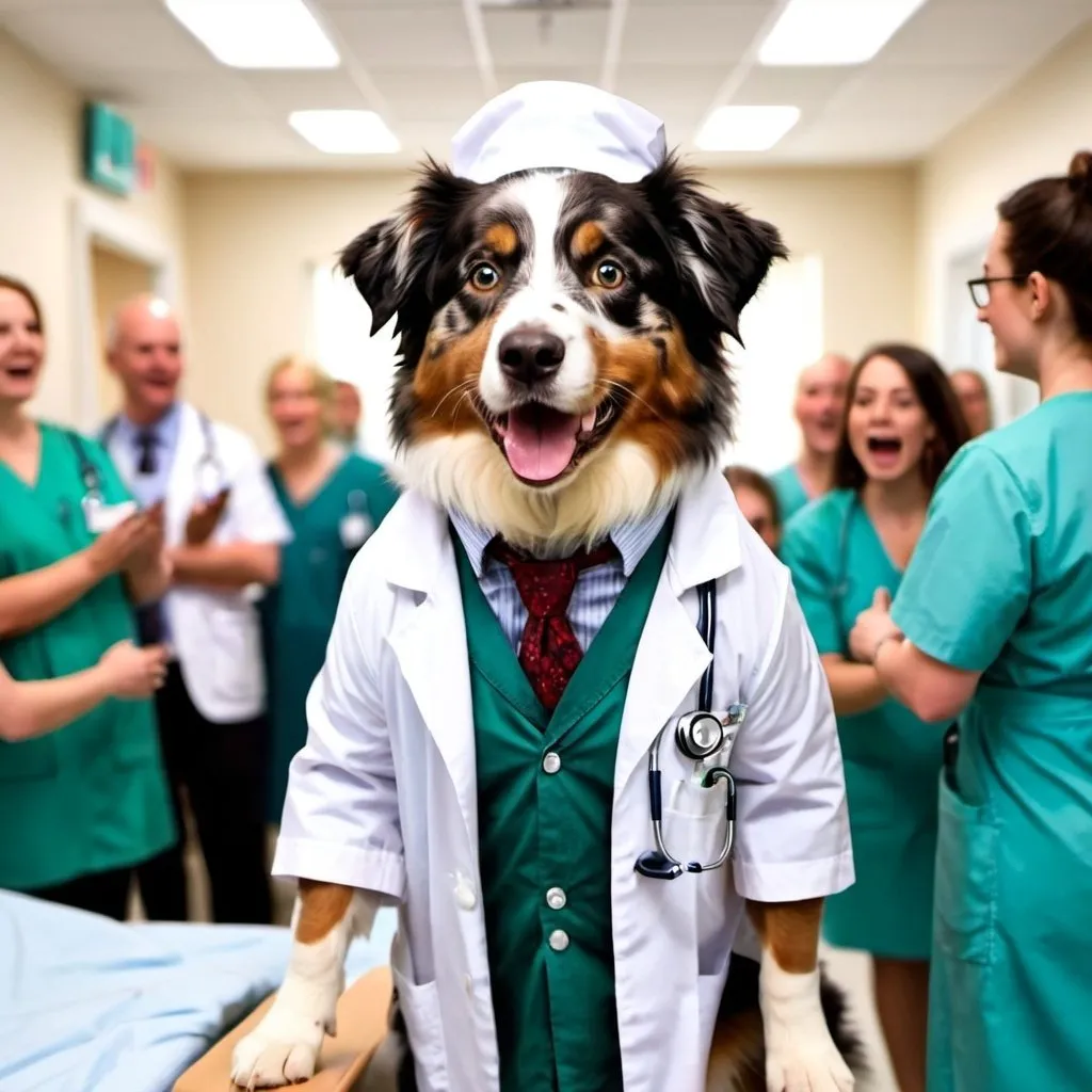 Prompt: An Australian shepherd dressed like a doctor in the background is a cheering crowd in a hospital 
