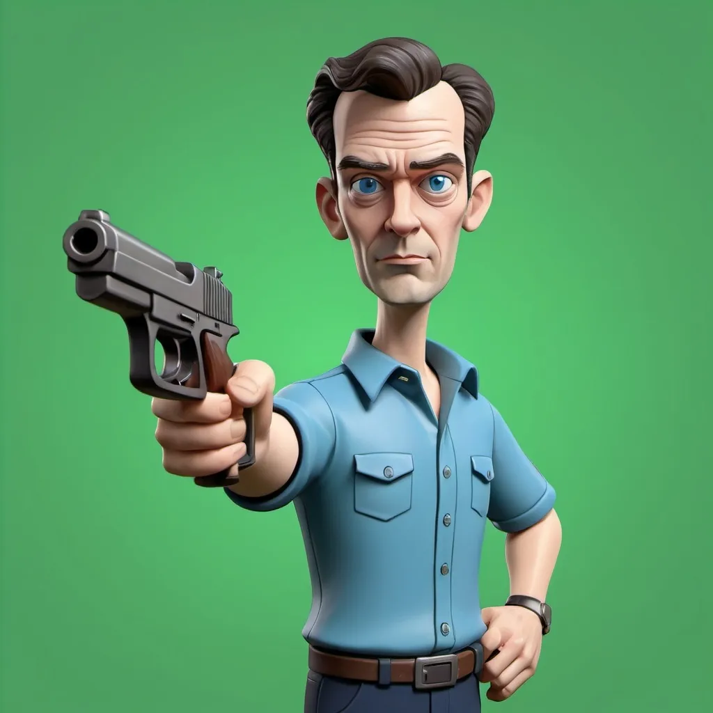 Prompt: a cartoon character wearing a blue shirt with a gun in it's hand and a green background with a black outline, David Firth, figurativism, 3 d model, a character portrait