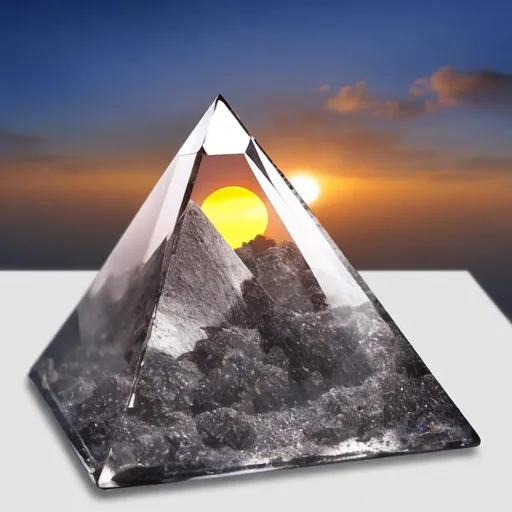 Prompt: create a transparent crystal clear pyramid floating in the sky  with a sun rising behind it