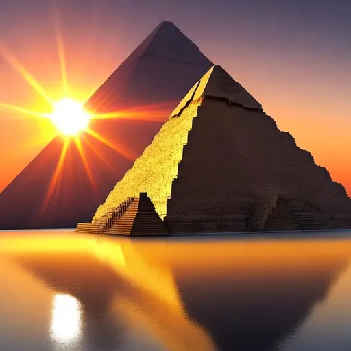 Prompt: Crystal clear pyramid sun rising directly behind the pyramid at the top,
the sun has ray shining from it like light from the heavens the pyramid is floating in space with a reflection like water below 