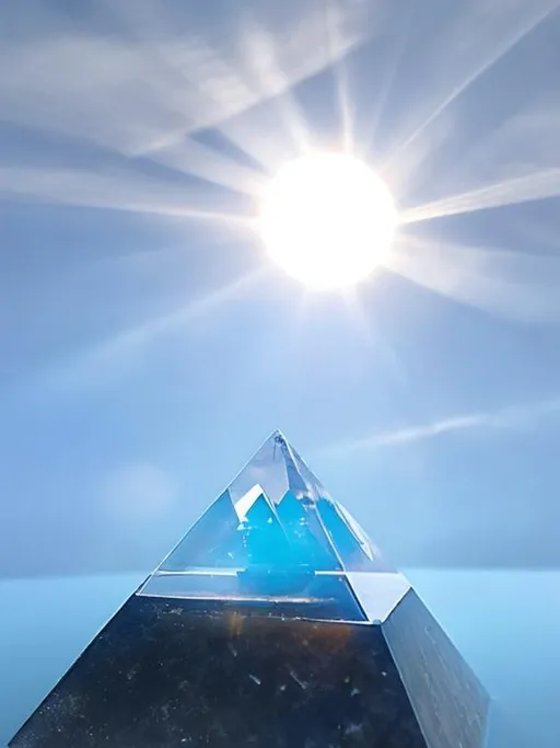 Prompt: create a transparent crystal clear pyramid floating in the sky  with the sun rising directly behind the pyramid and the pyramid is floating
