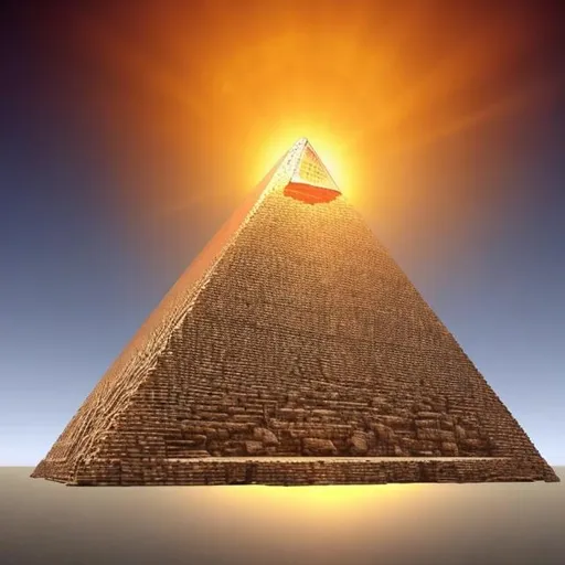 Prompt: create a transparent crystal clear pyramid floating in the sky with the sun rising directly behind the pyramid and the pyramid is floating the sun needs to have rays of light shooting from it