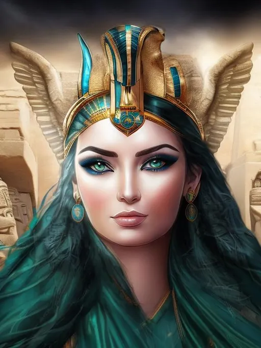 Prompt: Make me younger, Pretty with blue green eyes and and the Egyptian Goddess Isis
with ancient Egyptian background 