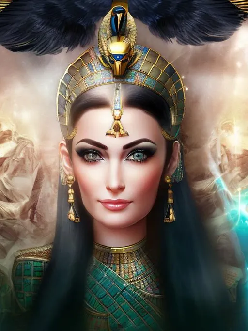 Prompt: Make me younger, Pretty with blue eyes and and the Egyptian Goddess Isis