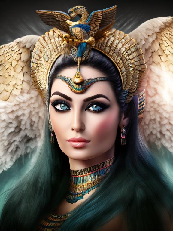 Prompt: Make me younger, Pretty with blue eyes and and the Egyptian Goddess Isis