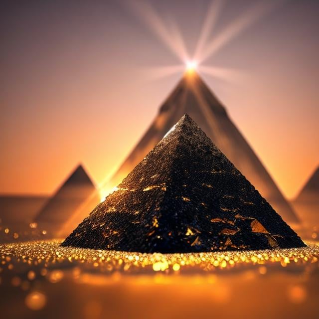 Prompt: pyramid crystal clear like a diamond with black sand sparking like outer space the pyramid has a sun rising behind it with rays shinning like light from heaven