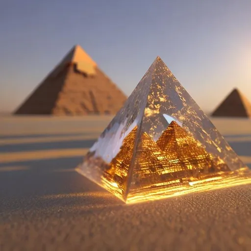 Prompt: create a transparent crystal clear pyramid floating in the sky  with the sun rising directly behind the pyramid and the pyramid is floating
