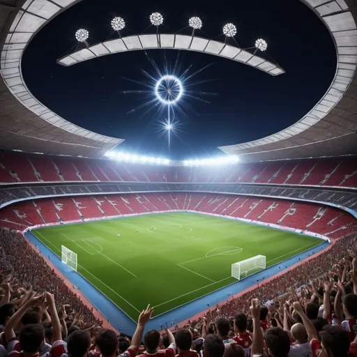 Prompt: Imagina un fondo vibrante con un estadio lleno de fanáticos animados ondeando banderas de sus equipos. En el centro, un balón de fútbol brillando con la luz del sol, rodeado de estrellas y rayos de energía y en la parte superior en letras grandes y llamativas está el título de la copa de los héroes y los lados algunas imágenes de jugador