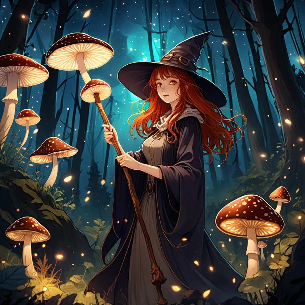 Prompt: tarot card Anime illustration, a auburn-hair witch with a mushroom staff in an enchanted forest surrounded by fireflies and mushrooms