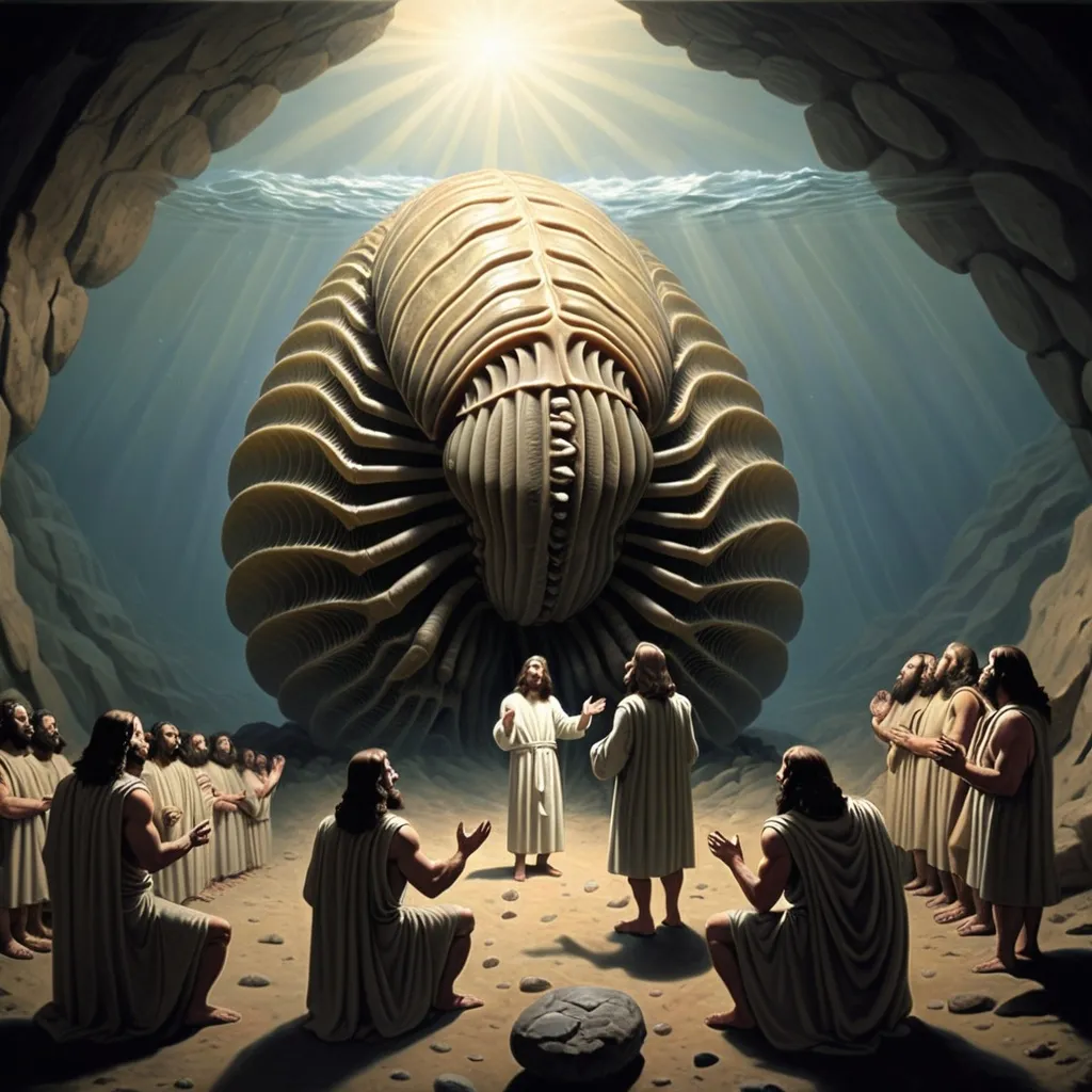 Prompt: jesus christ preaching to the giant trilobites of ordovician earth