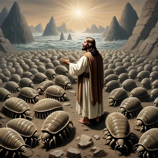 Prompt: jesus christ preaching to the trilobites hordes of ordovician earth