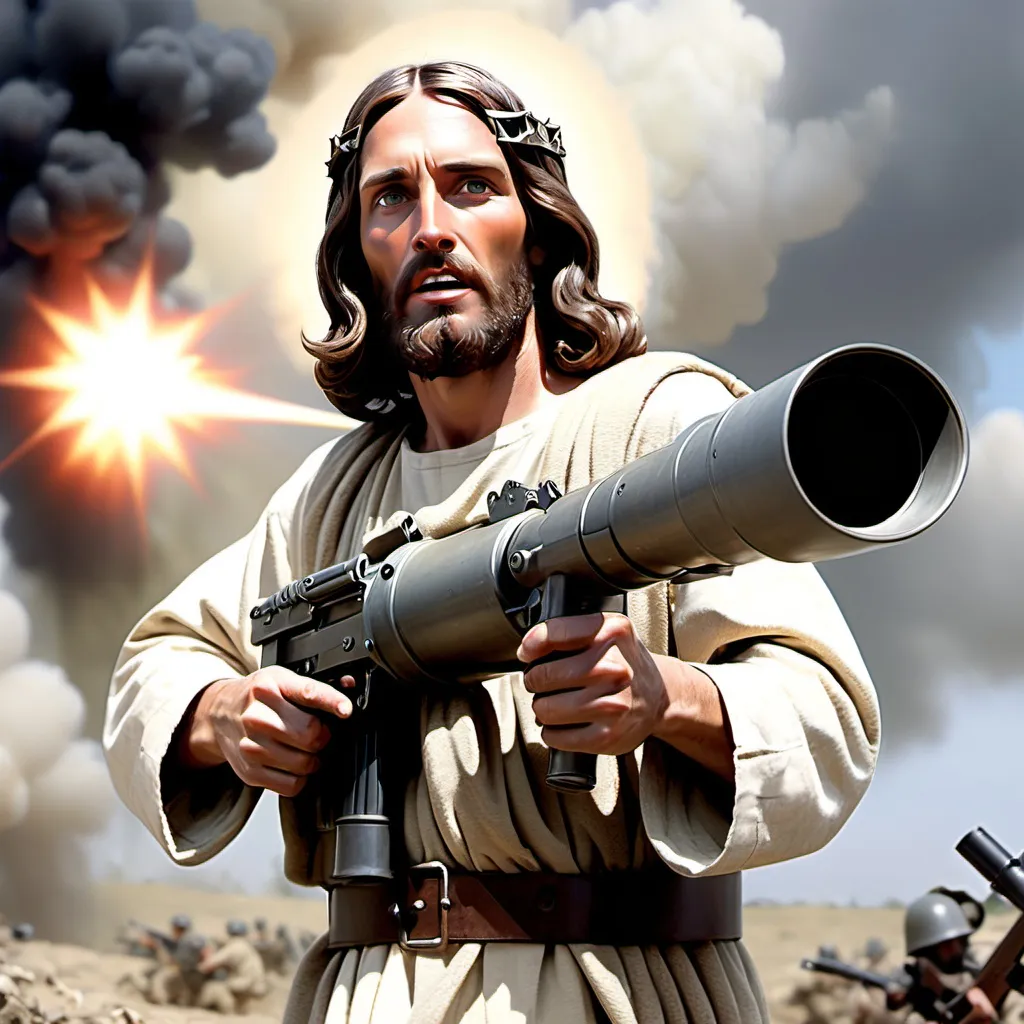 Prompt: jesus christ wielding minigun in world war two