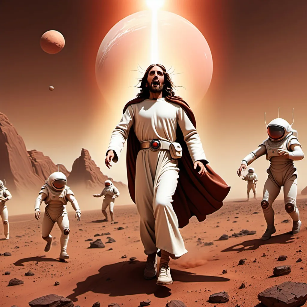 Prompt: jesus christ conquering the martians in battle on mars