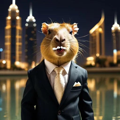 Prompt: A captivating conceptual photograph of a well-dressed baby capybara, exuding confidence and elegance, mingling with sheikhs in the luxurious city of Dubai. The tiny capybara is wearing a stylish suit, perfectly tailored to its small frame. The background showcases the opulence of Dubai, with towering buildings, sparkling lights, and an atmosphere of wealth. The capybara's demeanor in the midst of this splendor speaks to its refined taste and ease in high society. The image is a unique blend of wildlife photography, cinematic elements, and illustration, creating a truly spectacular and imaginative scene., wildlife photography, photo, illustration, cinematic, conceptual art