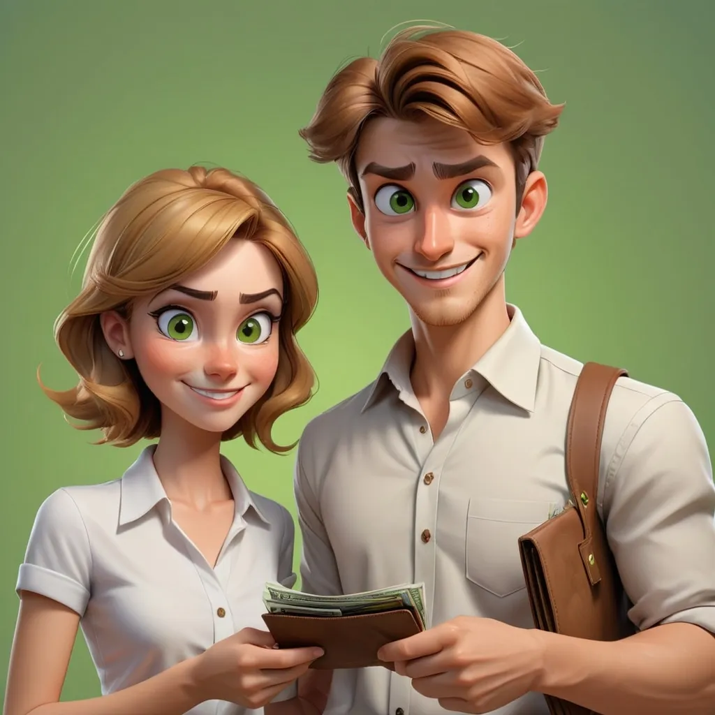 Prompt: A young man, around 27 years old, wearing brown pants and a white shirt, with brown hair and brown eyes, is standing with a mischievous smile, observing a young woman, also 27 years old. The woman has short blonde hair and green eyes, and she is taking money out of a wallet. The scene is in a 3D cartoon style with photorealistic elements, capturing the young man's playful expression and the young woman focused on her task.
