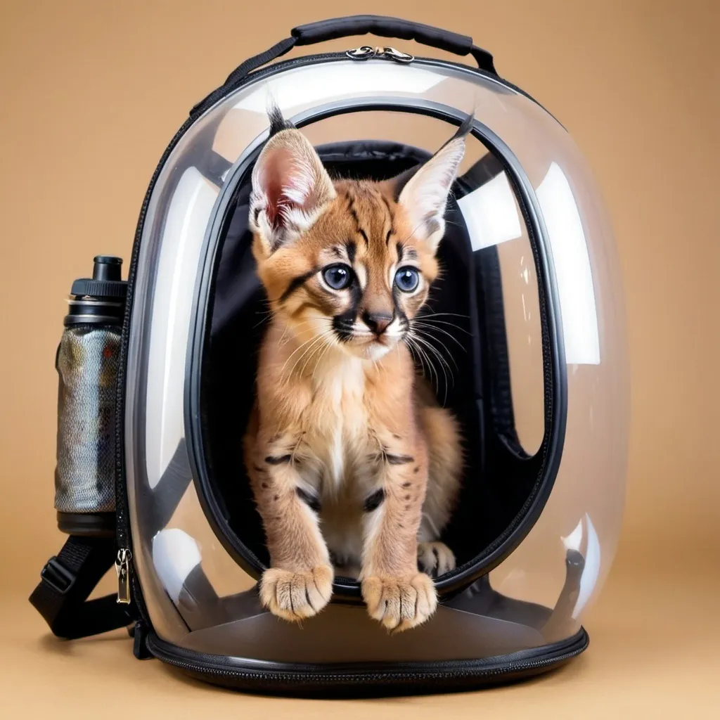 Prompt: Caracal kitten in a cat bubble backpack