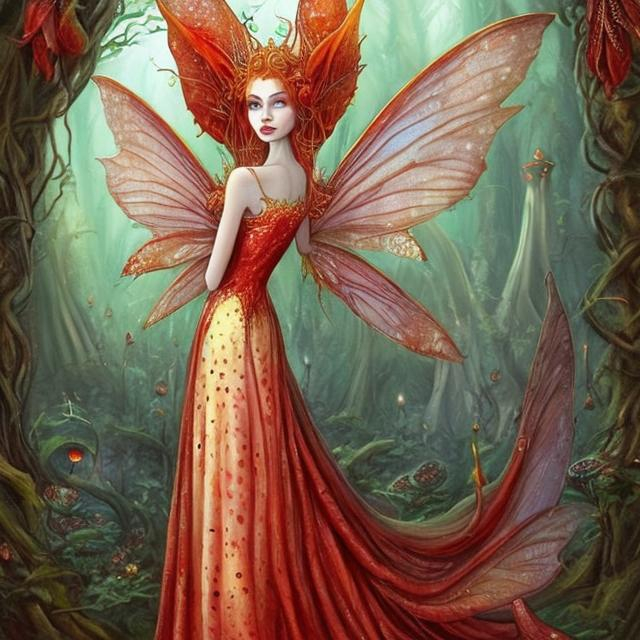 Prompt: A tall and regal faerie queen names Amanita. She wears a red dress reminiscent of the Amanita mushroom. She is mysterious. She has freckles on her temple and iridescent wings. Fantasy art