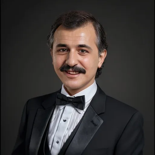 Prompt: a man in a tuxedo smiles for the camera while wearing a bow tie and a tuxedo, Fikret Muallâ Saygı, academic art, professional photo, a character portrait