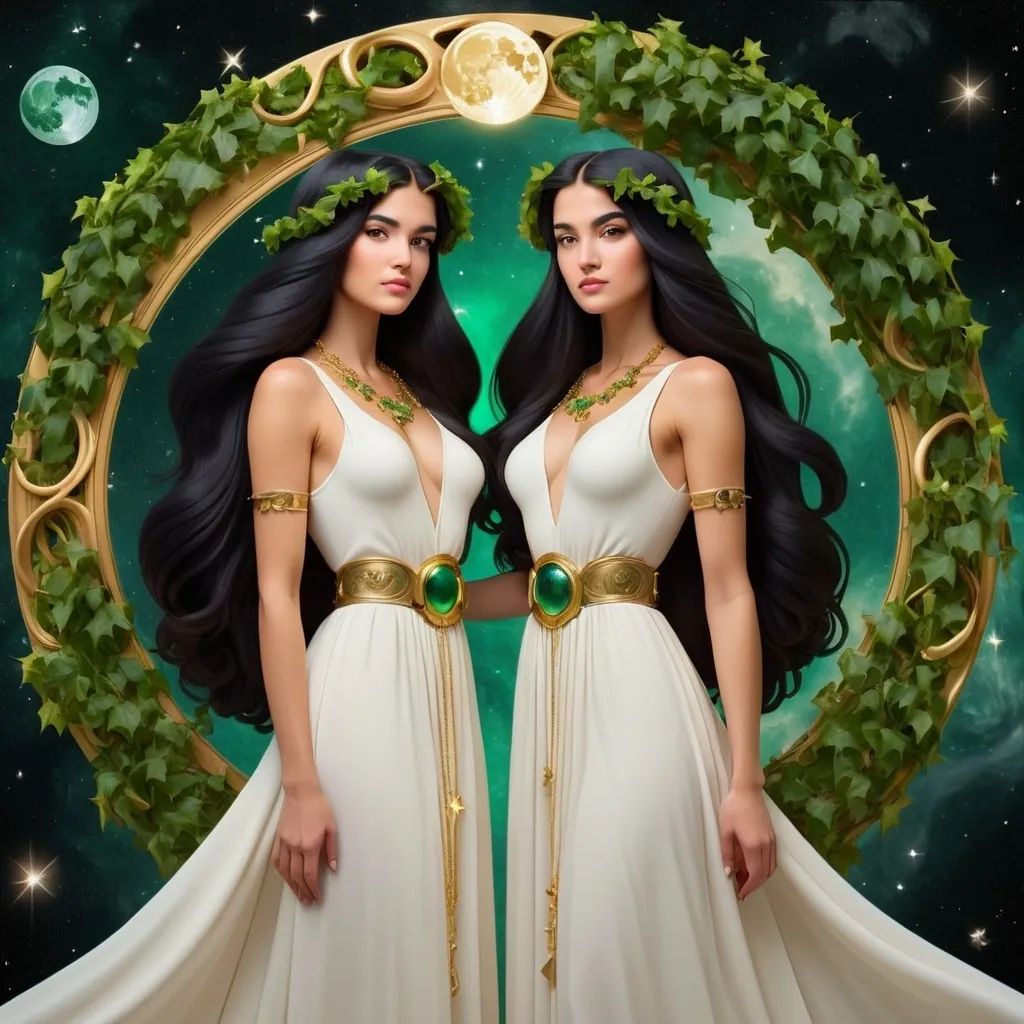 Prompt: tha astrological lsign of Gemini in the backgroundand in foreground create the image of two beautiful women who are the mirror image of each other as they are twins with long flowing black hair and beautiful long billowy white dresses and gold chains as belt and jewerly and green ivy wreaths around their heads the twins are back to back floating in space surrounded by stars the moon and planets all colors should be vivid and high resolution and the  background is shiny gold