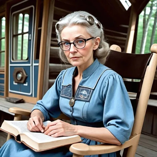 Prompt: A WISE  OLD WOMAN  ASH BLONDE HAIR  GRAYING AT THE TEMPLES  PULLED BACK IN  BUN WEARING A FADED OLD DRESS CADET BLUE    WEARING GLASSES SITTING IN A ROCKING CHAIR ON THE PORCH OF AN OLD CABIN IN THE WOODS SHE HAS A BIBLE SITTING ON HER LAP SHE HAS BLUE EYES AND LOOKS LIKE SHE HAS THE WISDOM OF SCOLARS IN RETRO FUTURISTIC STYLE