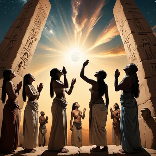 Prompt: ancient people, women, men, worshipping the sky