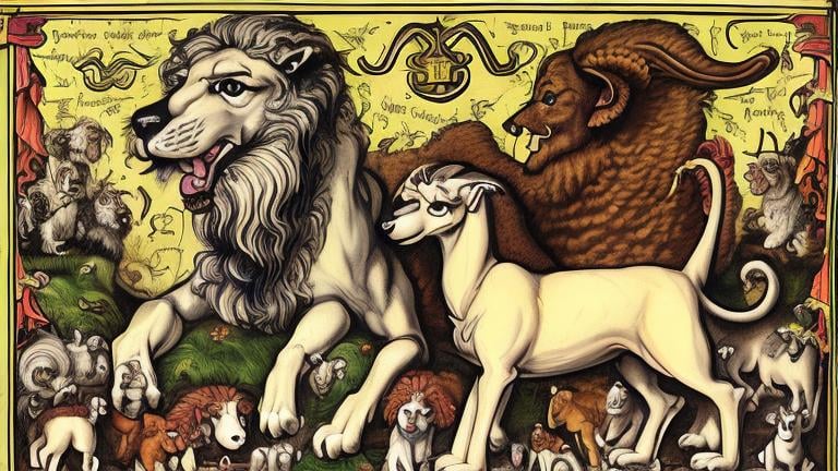 Prompt: dogs & cats & poodles and ism isms dogmas egregor Lions and sheep and giraffes and goats and satan calvinism provisionism lies and dogma LIONS 