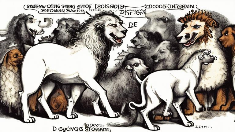 Prompt: dogs & cats & poodles and ism isms dogmas egregor Lions and sheep and giraffes and goats and satan calvinism provisionism lies and dogma LIONS 