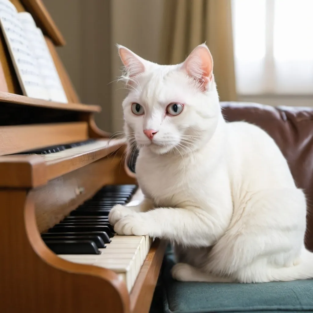 Prompt: A white cat, sitting on a sofa and playing the piano