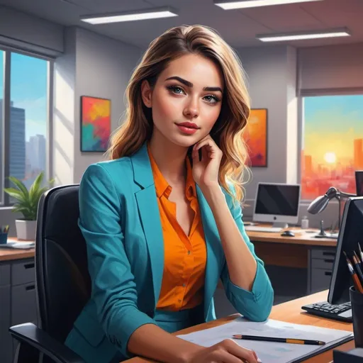 Prompt: Beauty optimistic girl working in modern office, digital painting, vibrant colors, stylish and contemporary, detailed features, professional attire, high quality, digital painting, modern, vibrant colors, contemporary style, detailed features, optimistic expression, professional attire, atmospheric lighting