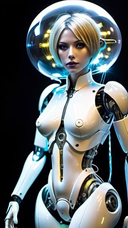 Prompt: androgynous transsexual android with synthetic hair illuminated with fiber optics, a large mechanical member between her legs that expels fluids and adjustable jugs like soft balloons that are shown with a full body highlighting her behind