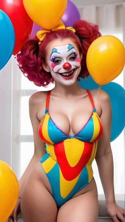 Prompt: a beautiful clown in a hot colorful thong makes figures with balloons and smiles very mischievously