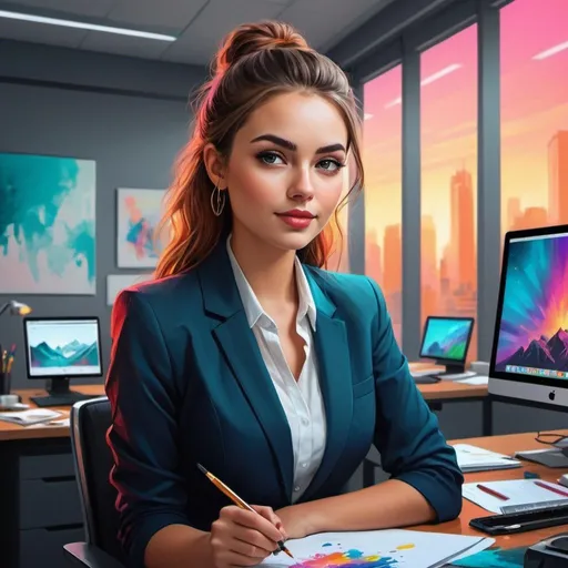 Prompt: Beauty optimistic girl working in modern office, digital painting, vibrant colors, stylish and contemporary, detailed features, professional attire, high quality, digital painting, modern, vibrant colors, contemporary style, detailed features, optimistic expression, professional attire, atmospheric lighting