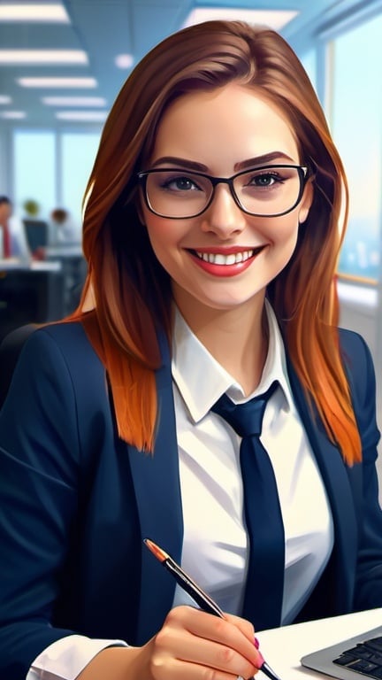 Prompt: Beauty optimistic girl working in modern office smile very happy, digital painting, vibrant colors, stylish and contemporary, detailed features, professional attire, high quality, digital painting, modern, vibrant colors, contemporary style, detailed features, optimistic expression, professional attire, atmospheric lighting