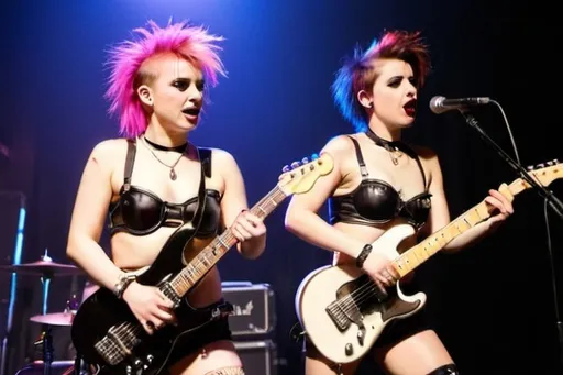 Prompt: band of punk garage sluts plays their musical instruments in hot garter belts at a concert in a nightclub