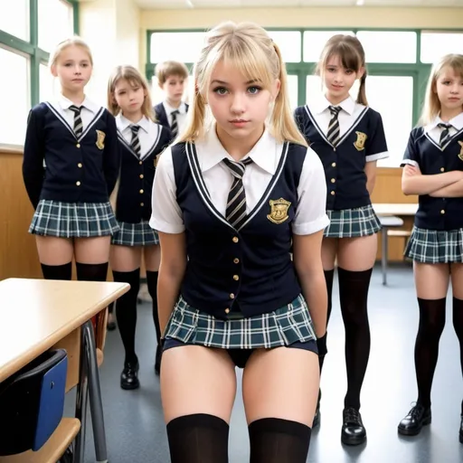 Prompt: Beautiful blonde schoolgirl in super short mini uniform with long stockings plays bent over and shows her thong by carelessness and her male classmates in pants watch curiously