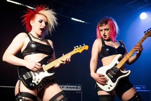 Prompt: band of punk garage sluts plays their musical instruments in hot garter belts at a concert in a nightclub