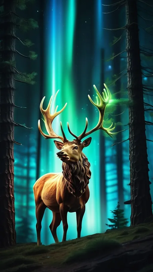 Prompt: Hd 3d phone wallpaper with a stags head glowing  and background of a pine forest on mountain and aurora 