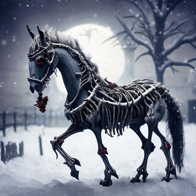 Prompt: Zombie horse Mari Lwyd, snow-covered Yule scene, eerie Christmas, scary, winter snow, dark and foreboding, detailed undead horse, traditional festive, high quality, eerie lighting, horror, creepy atmosphere, snowfall, detailed skeletal features, chilling, misty, haunting, gothic, winter solstice, ancient tradition, bone-chilling, detailed decayed appearance, traditional folklore, freezing cold, ghostly presence