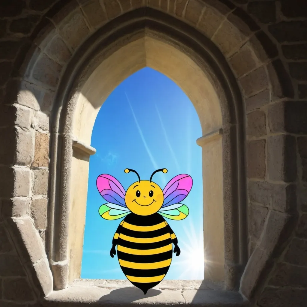 Prompt: i am a bee under a window with the raibow on my back and the sun light therow the window of a castle