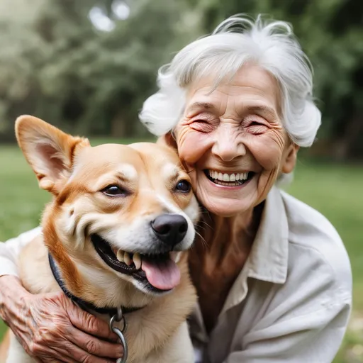 Prompt: old woman smiling a lot for her dog that is smilling too 