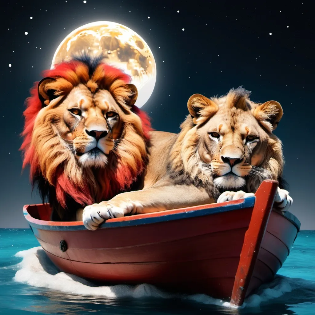 Prompt: a crazy cat sleeping with a lion in a boat in the red sea at the moon full