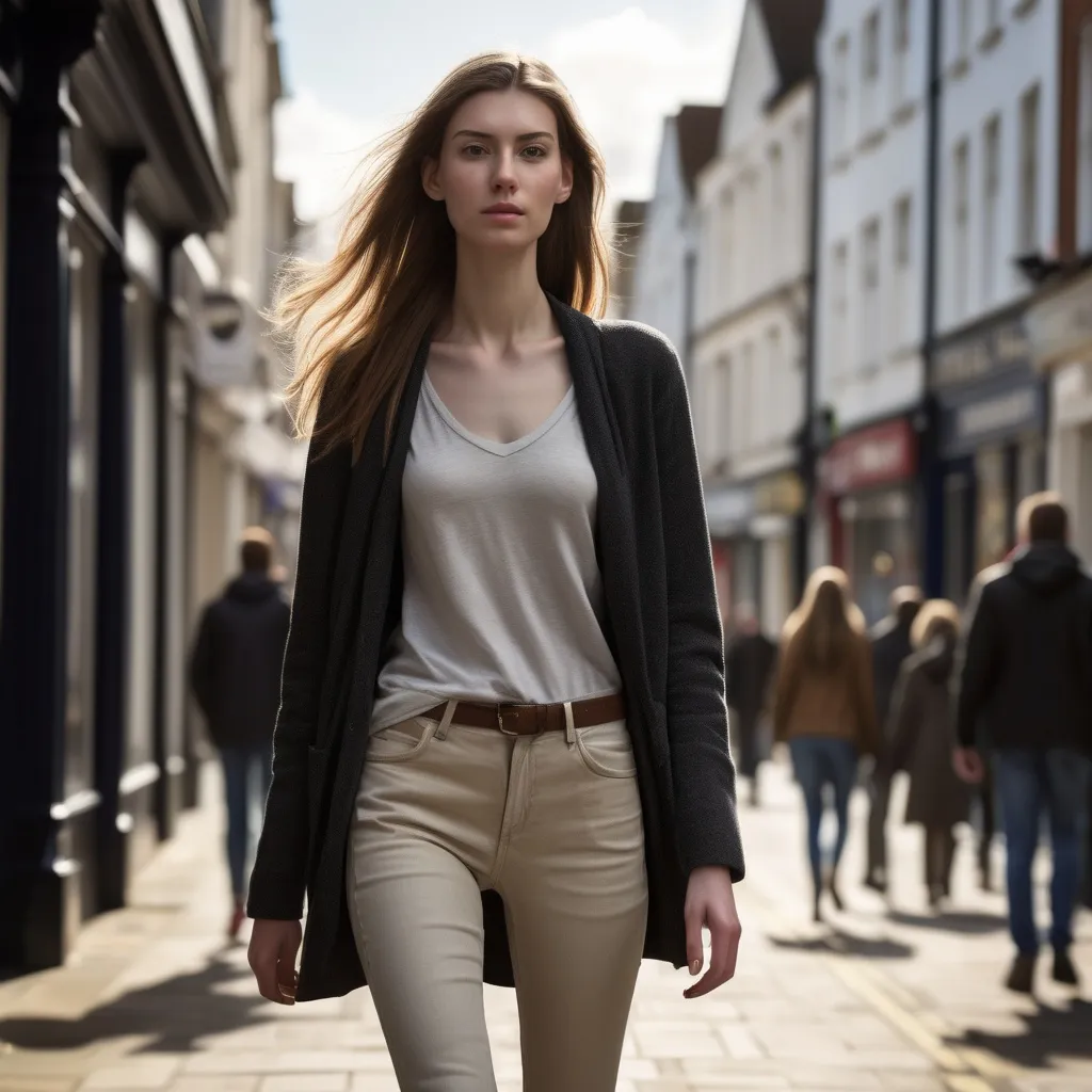 Prompt: Tall young woman walking down the high street, detailed clothing, realistic, natural lighting