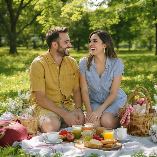 Prompt: A couple having a picnic in a sunny park, laughing together