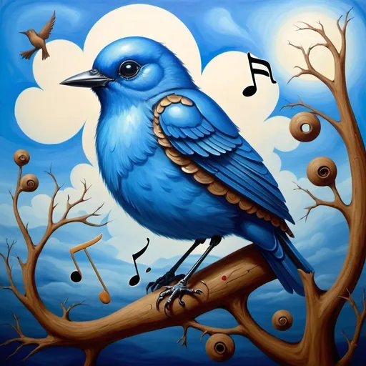 Prompt: Create a surrealistic painting of a lonely blue bird. Include themes of music and sadness. Make background paintings extremely detailed.

