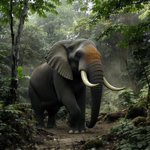 Prompt: In a Deep Forest , Single elephant very angry , in that Deep Forest have giant Flowers and looks beautiful and elphant is roarzz
