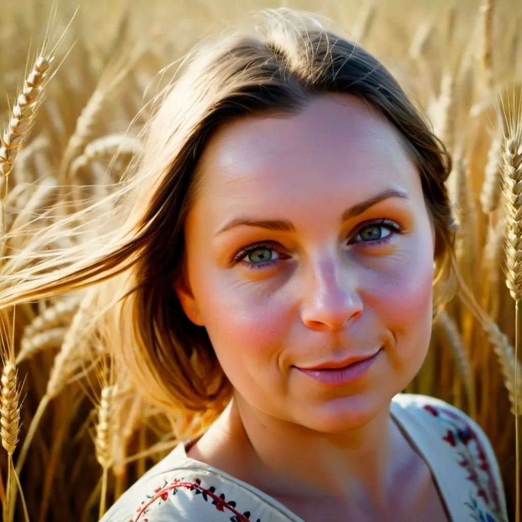 Prompt: Ukrainian girl in the field of wheat in embroidered shirt