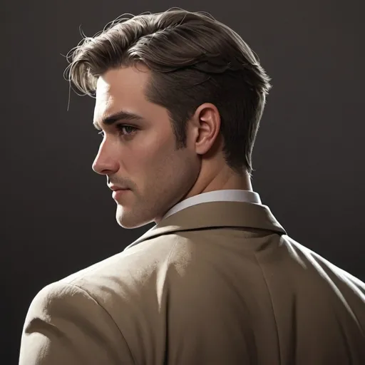 Prompt: male, white guy, dark eyes, serious smile,  handsome, detective, back view