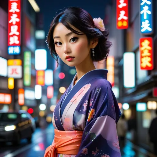 Prompt: "Elegant Asian Girl in Tokyo at Night"
A stunning Asian woman with delicate, refined features stands gracefully on a neon-lit Tokyo street. She wears an elegant, flowing dress or a modern silk kimono, blending traditional beauty with contemporary fashion. Her dark, silky hair cascades over her shoulders, framing her serene yet confident expression. The cityscape behind her glows with vibrant neon signs, soft streetlights, and the distant silhouette of Tokyo Tower or Shibuya Crossing. Light raindrops fall gently, reflecting colorful lights on the wet pavement, creating a dreamy, cinematic atmosphere. A soft breeze lifts the fabric of her dress, adding a sense of movement and grace.