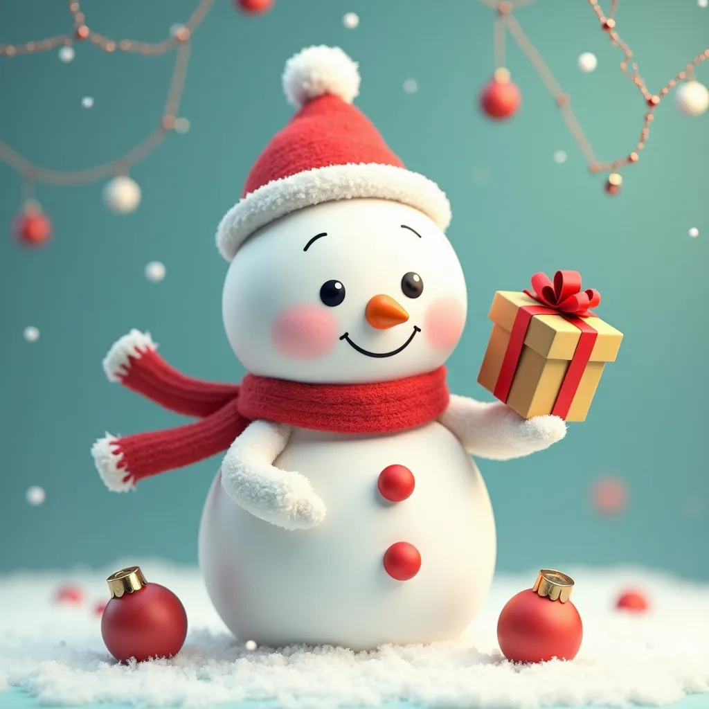 Prompt: adorable snowman, 3D chibi,  holding a gift, surrounded by falling garland and balls